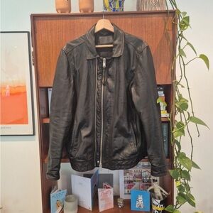 All Saints Black Leather Bomber Jacket, Men’s Size Medium